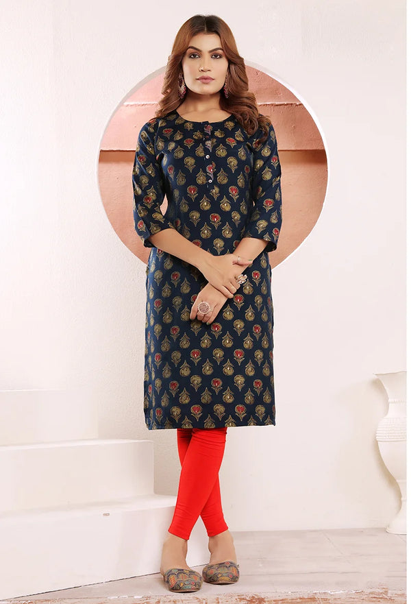 Navy Blue Viscose Straight Kurti with Buti Print, front