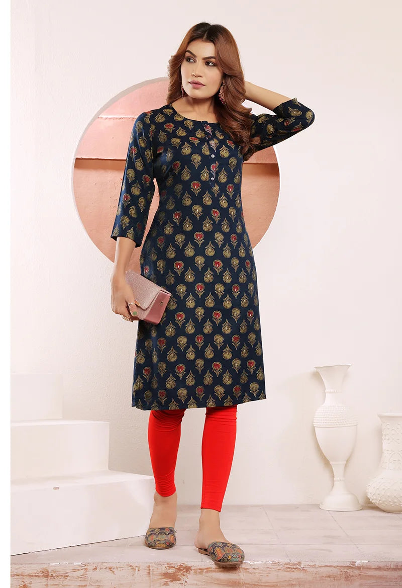 Navy Blue Viscose Straight Kurti with Buti Print, styled on model