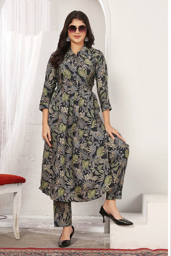 Black Rayon Printed Kurti Set with Pants, front
