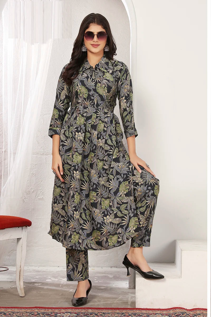 Black Rayon Printed Kurti Set with Pants, front