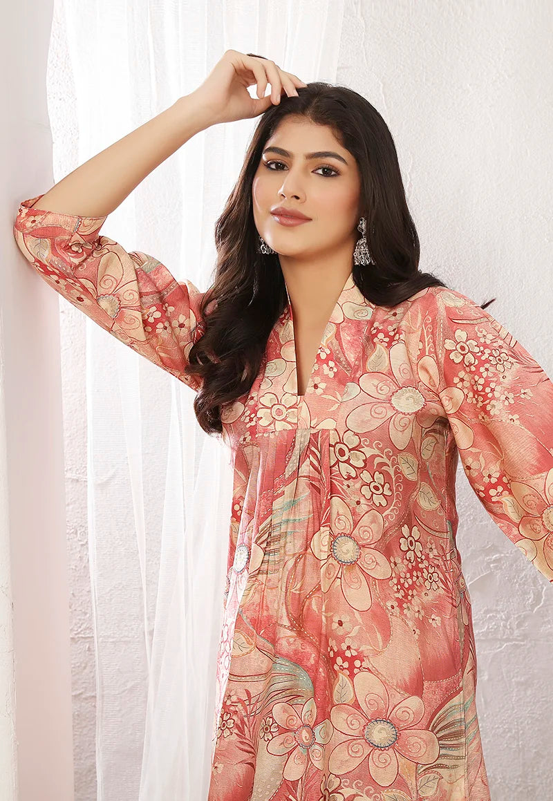 Peach Rayon Printed Kurti Set with Pants, print detail