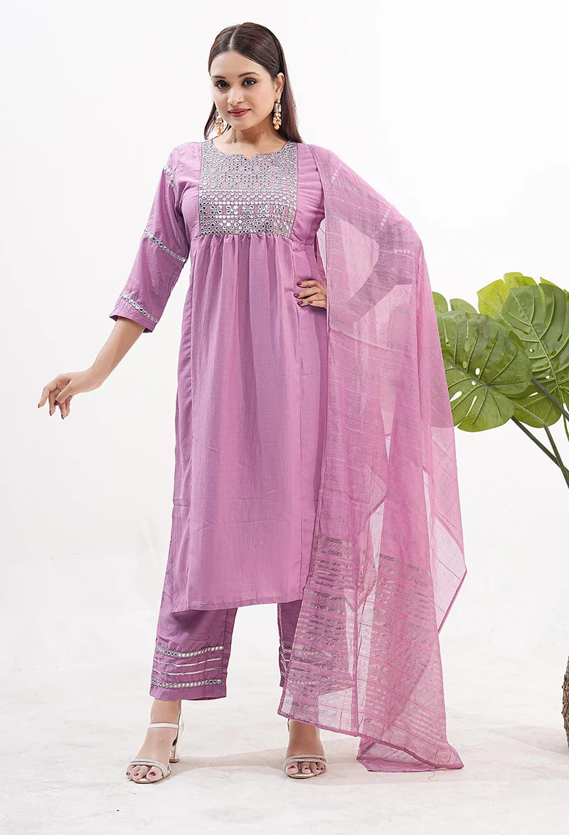 Pink Silk Blend Embroidered Kurti Set with Dupatta, front