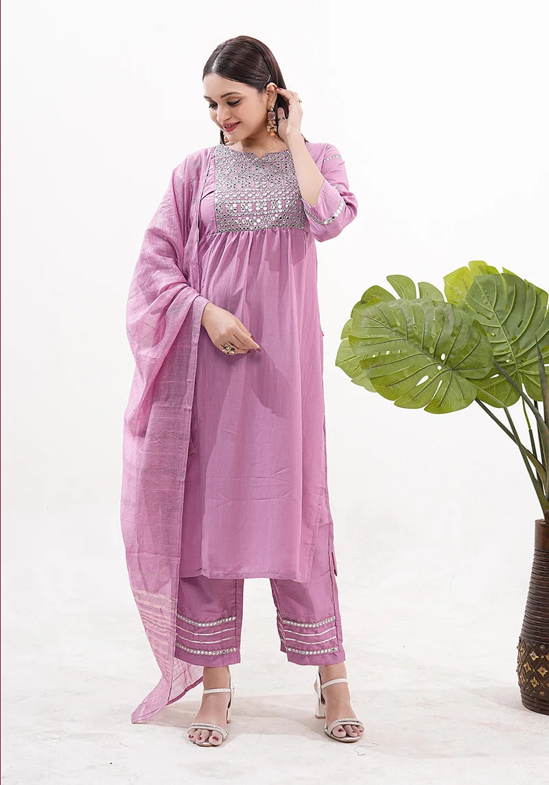 Pink Silk Blend Embroidered Kurti Set with Dupatta, side