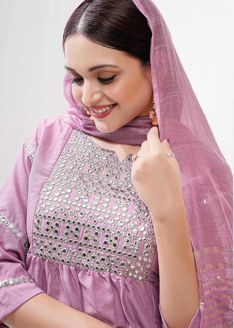 Pink Silk Blend Embroidered Kurti Set with Dupatta, yoke close-up