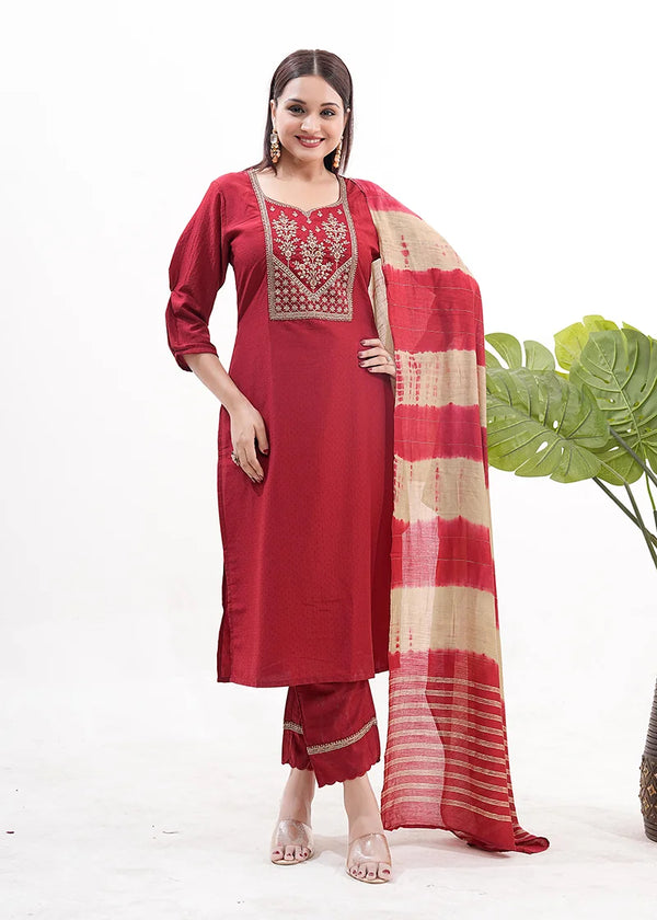 Maroon Silk Blend Embroidered Kurti Set with Dupatta, front