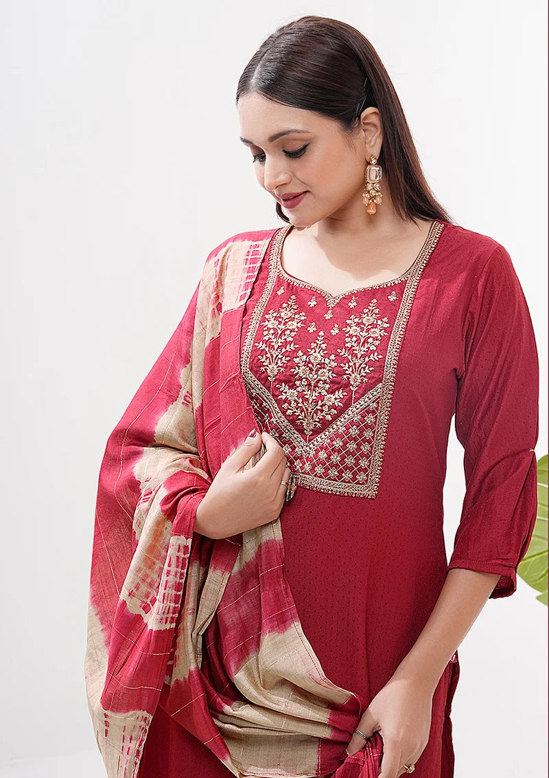 Maroon Silk Blend Embroidered Kurti Set with Dupatta, yoke close-up