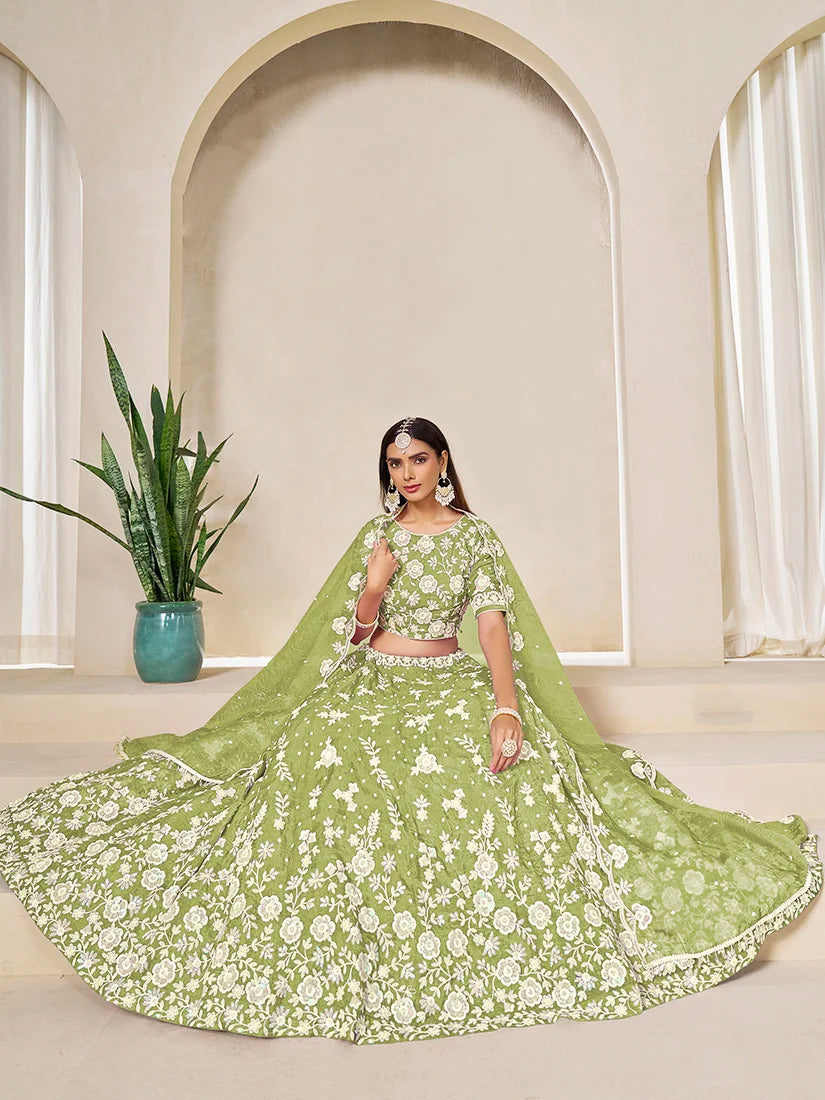 Light Olive Green Organza Floral Lehenga Choli, styled on model