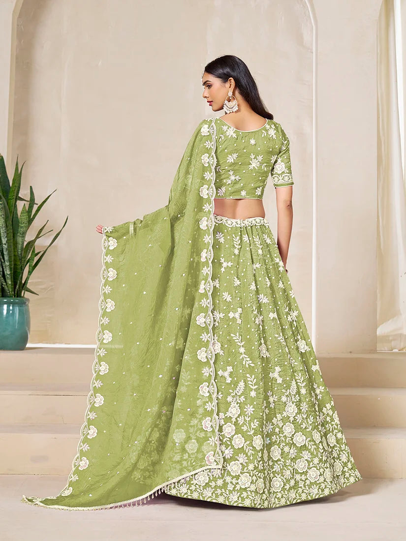 Light Olive Green Organza Floral Lehenga Choli, back