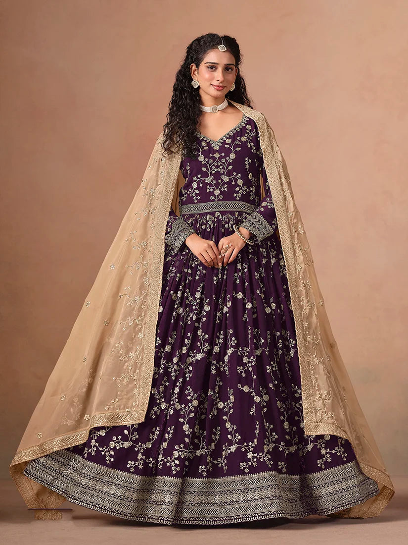 Dark Purple Georgette Anarkali with Beige Organza Dupatta, front