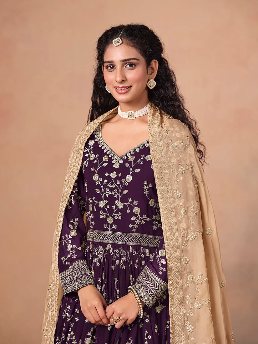 Dark Purple Georgette Anarkali with Beige Organza Dupatta, neckline and waist close-up