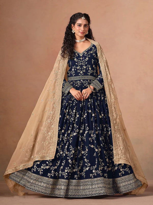 Navy Blue Georgette Anarkali with Beige Organza Dupatta, front