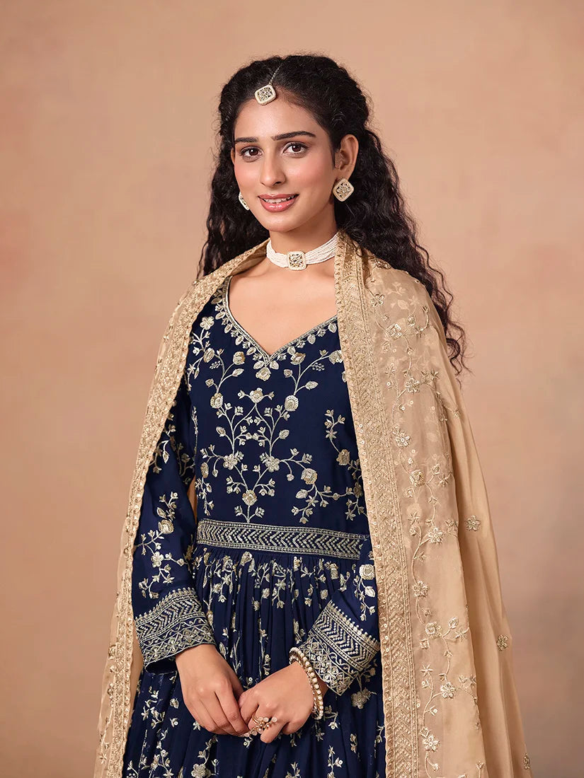 Navy Blue Georgette Anarkali with Beige Organza Dupatta, neckline and waist close-up