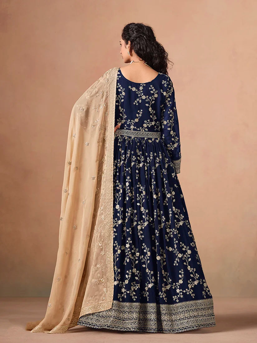 Navy Blue Georgette Anarkali with Beige Organza Dupatta, back