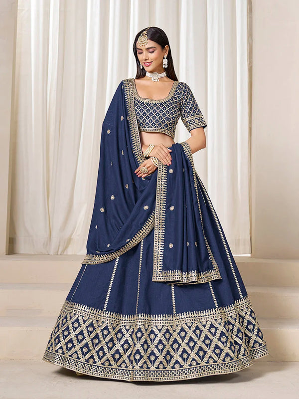 Navy Blue Art Silk Lattice Lehenga Choli, front