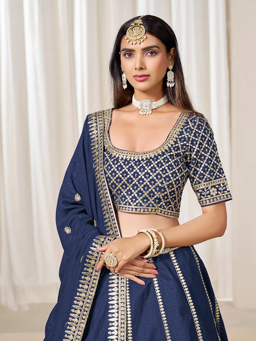 Navy Blue Art Silk Lattice Lehenga Choli, choli detail