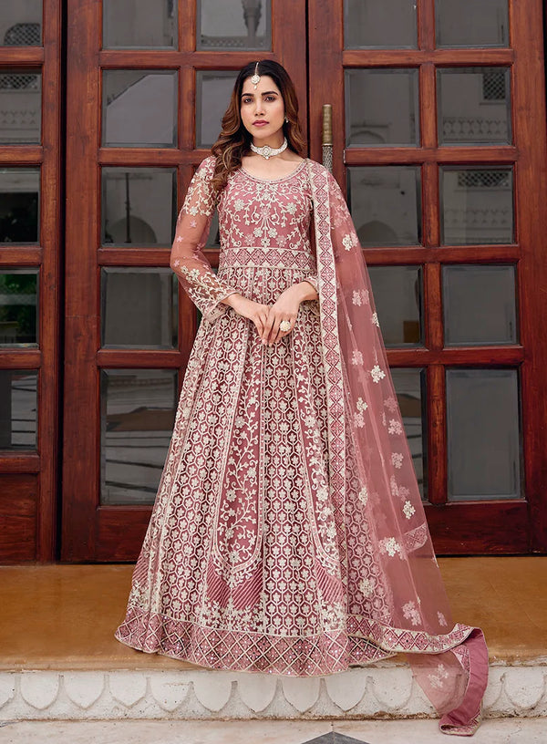 Pink Net Anarkali with Lattice Embroidered Hem, front