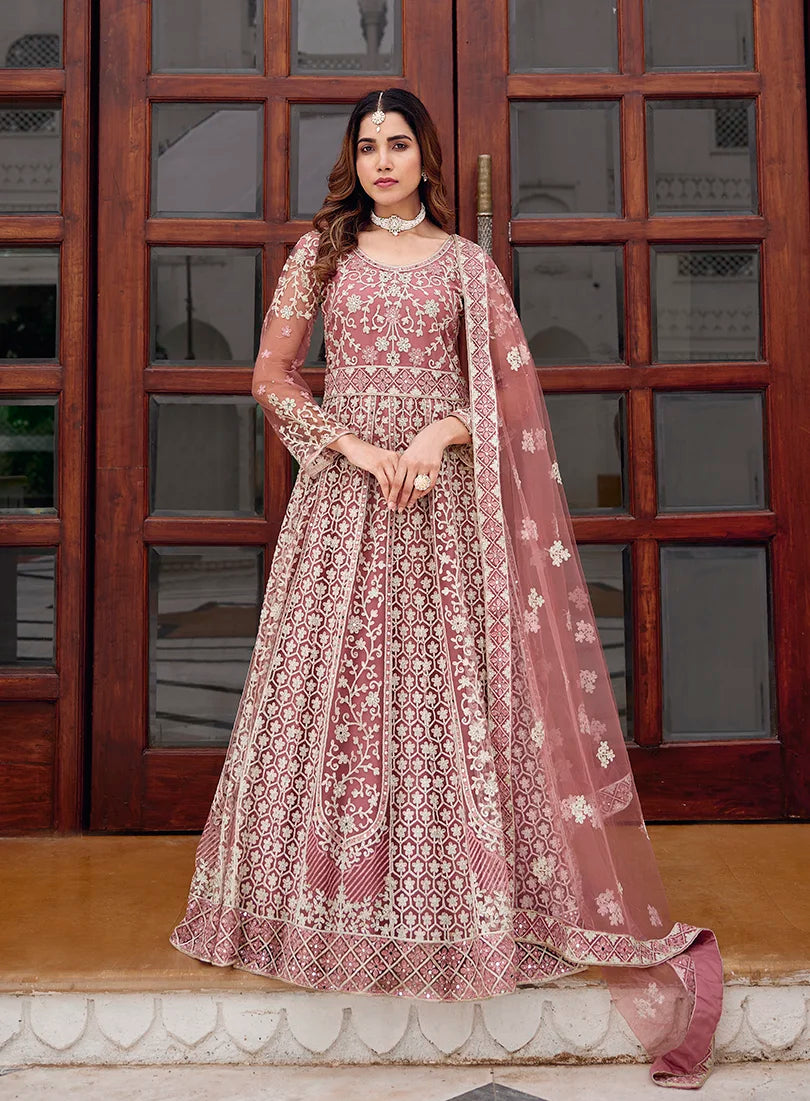 Pink Net Anarkali with Lattice Embroidered Hem, front