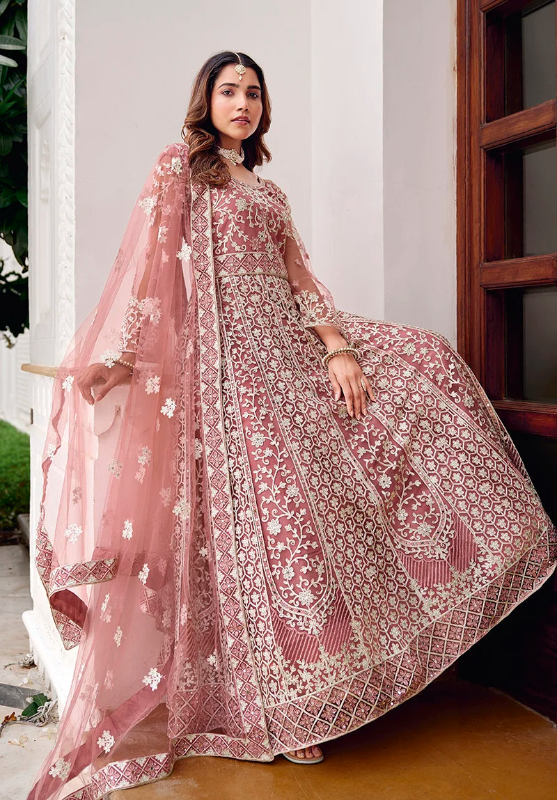 Pink Net Anarkali with Lattice Embroidered Hem, side