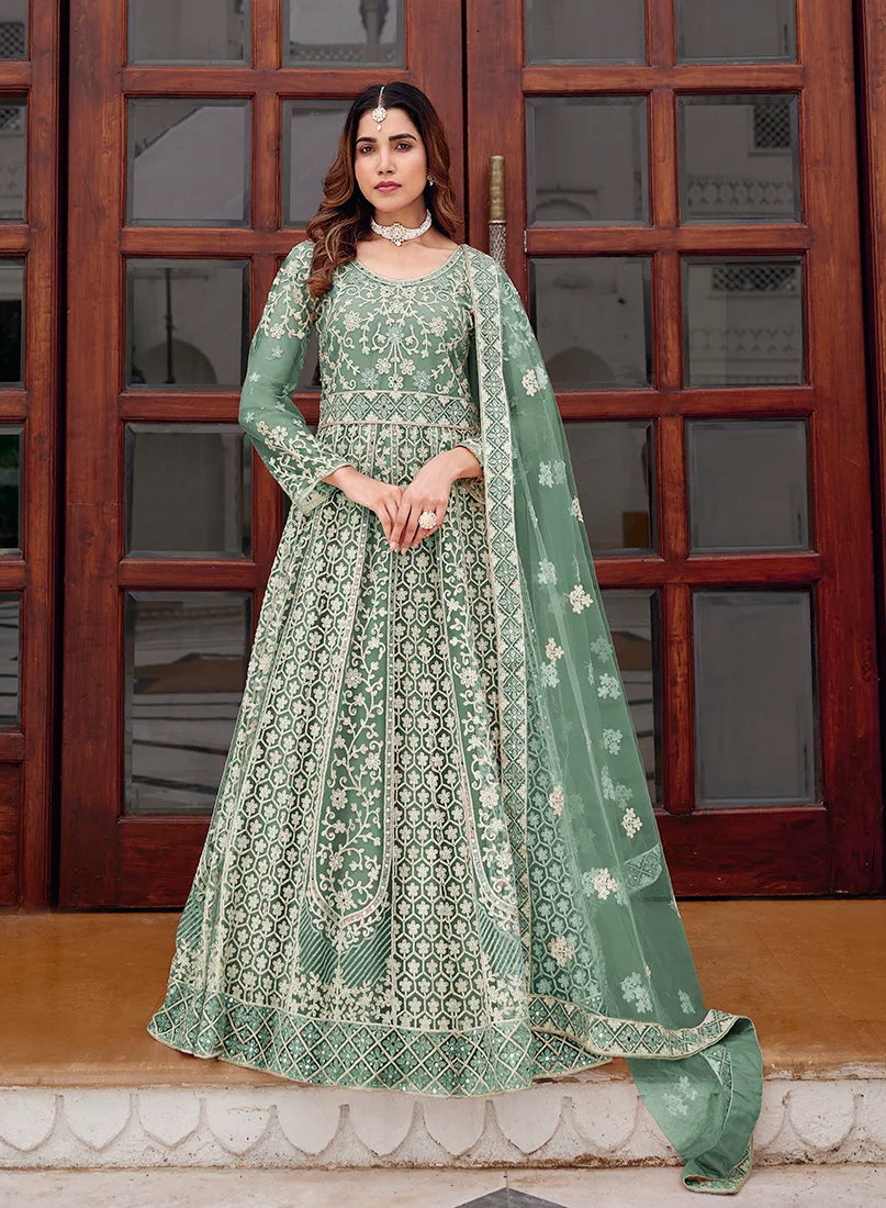 Teal Blue Net Anarkali with Lattice Embroidered Hem, front