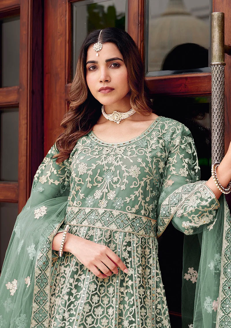 Teal Blue Net Anarkali with Lattice Embroidered Hem, neckline close-up
