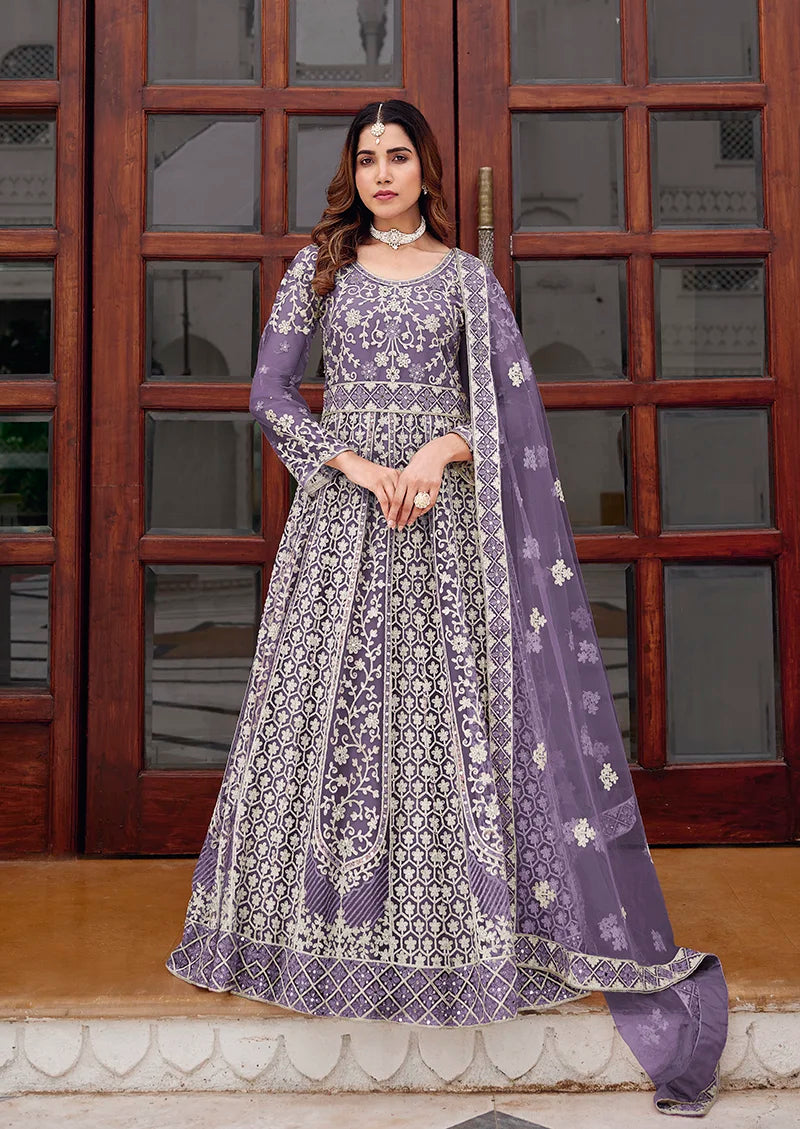 Lavender Net Anarkali with Lattice Embroidered Hem, front