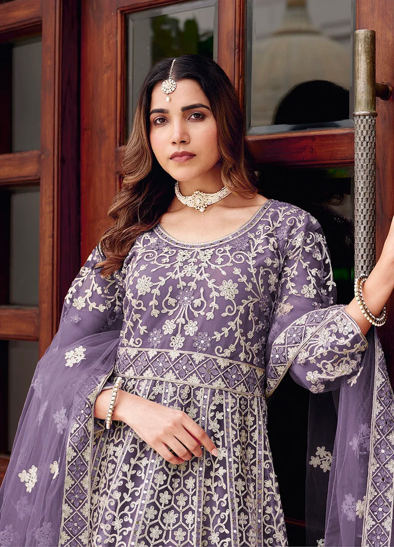Lavender Net Anarkali with Lattice Embroidered Hem, neckline close-up
