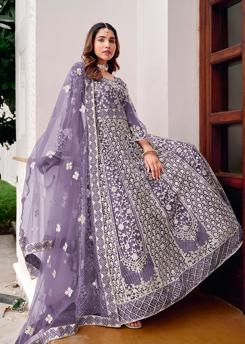 Lavender Net Anarkali with Lattice Embroidered Hem, side