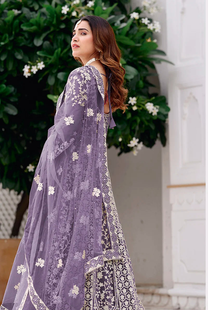 Lavender Net Anarkali with Lattice Embroidered Hem, back