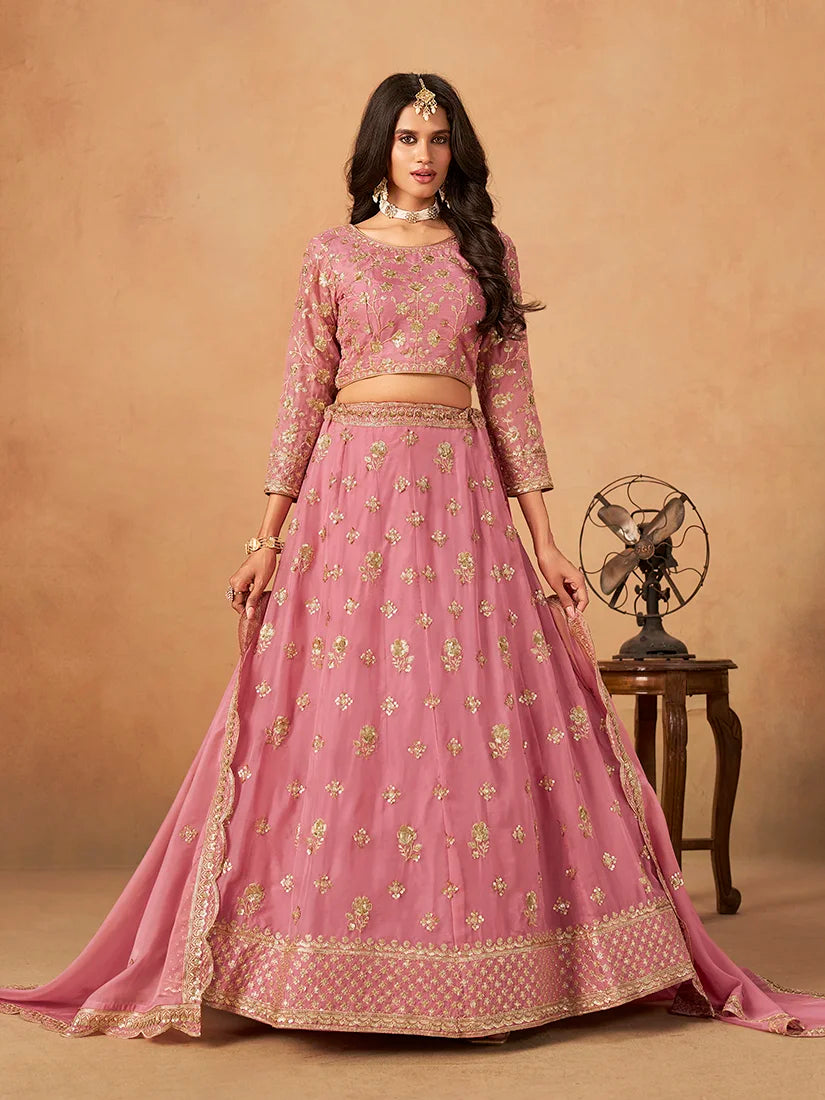 Pink Organza Sequin Buti Lehenga Choli, front