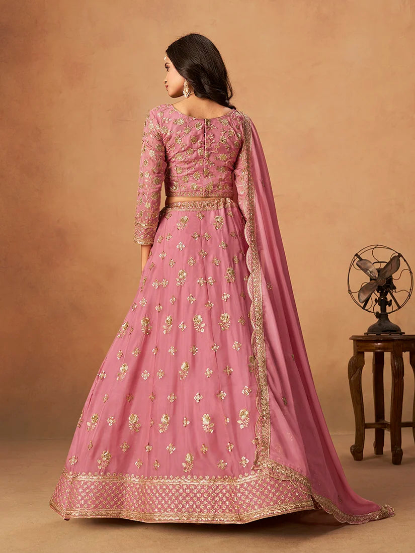 Pink Organza Sequin Buti Lehenga Choli, back