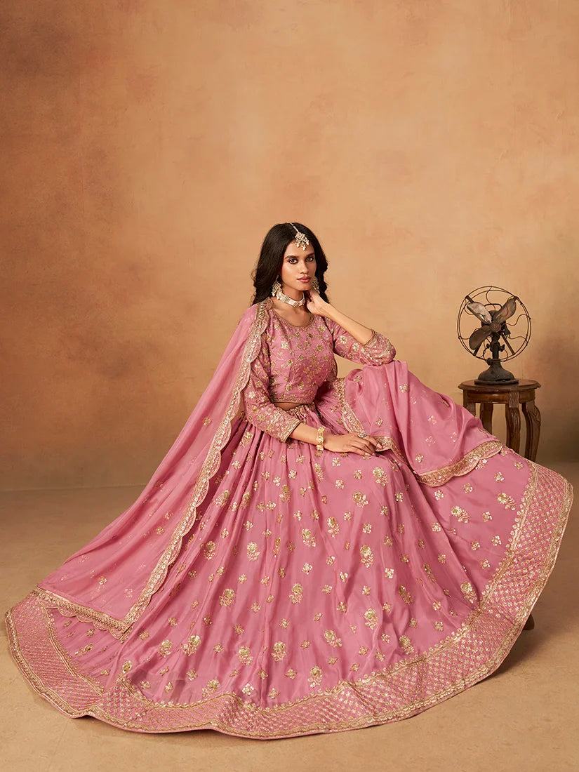 Pink Organza Sequin Buti Lehenga Choli, styled on model