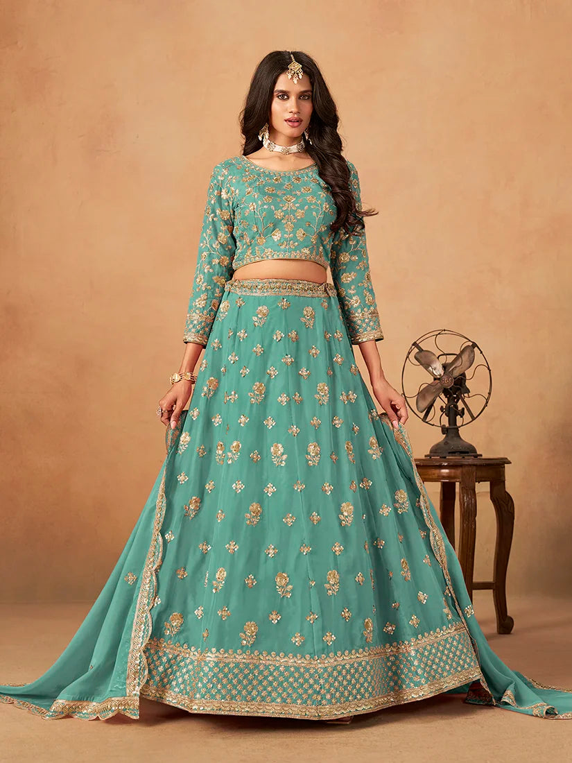 Turquoise Organza Sequin Buti Lehenga Choli, front