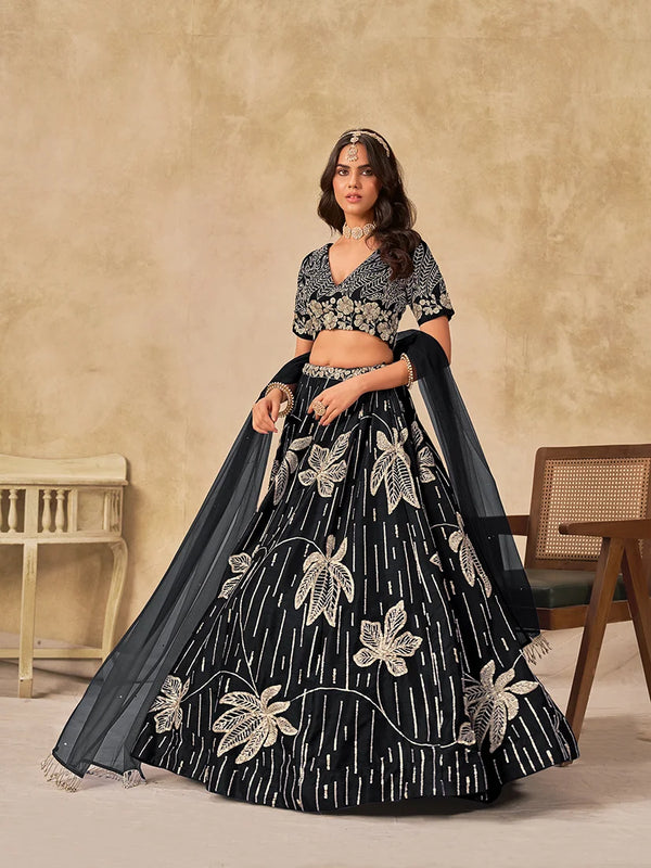 Black Art Silk Leaf Embroidered Lehenga Choli, front