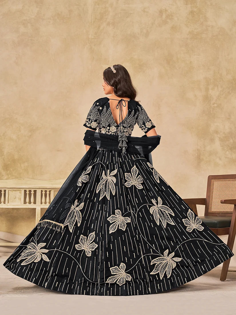 Black Art Silk Leaf Embroidered Lehenga Choli, back