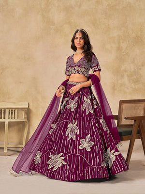 Wine Art Silk Leaf Embroidered Lehenga Choli