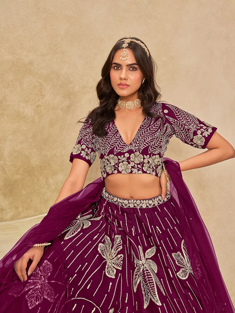 Wine Art Silk Leaf Embroidered Lehenga Choli, choli detail