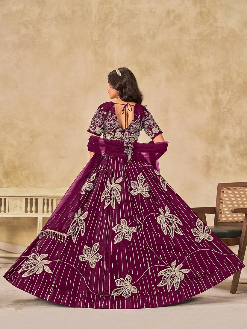 Wine Art Silk Leaf Embroidered Lehenga Choli, back