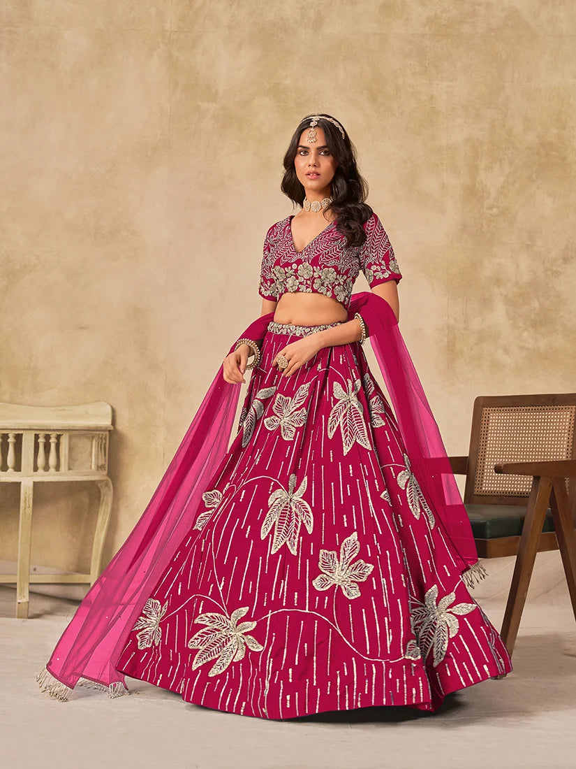 Hot Pink Art Silk Leaf Embroidered Lehenga Choli, front