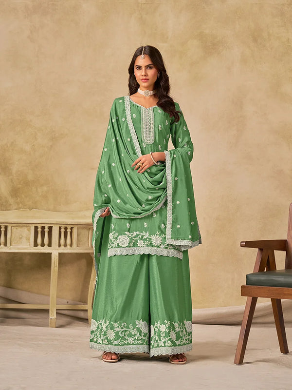 Green Chinon Palazzo Set with Floral Hem Embroidery, front