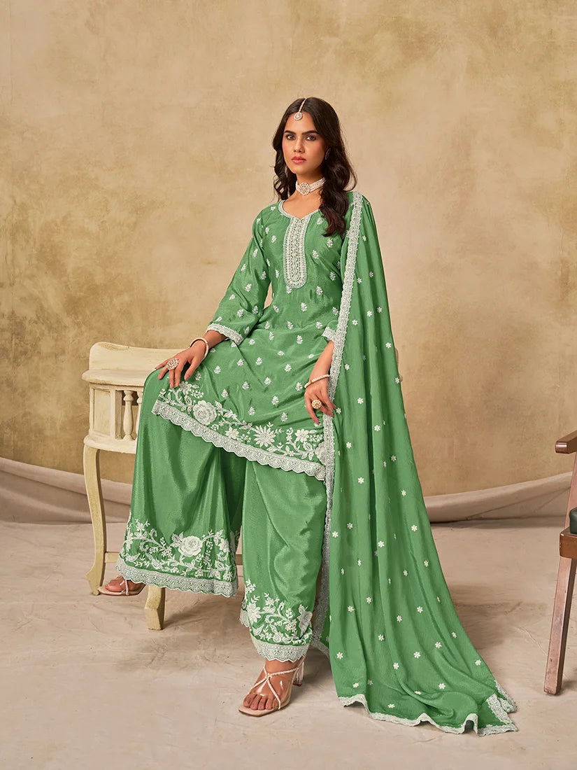Green Chinon Palazzo Set with Floral Hem Embroidery, side