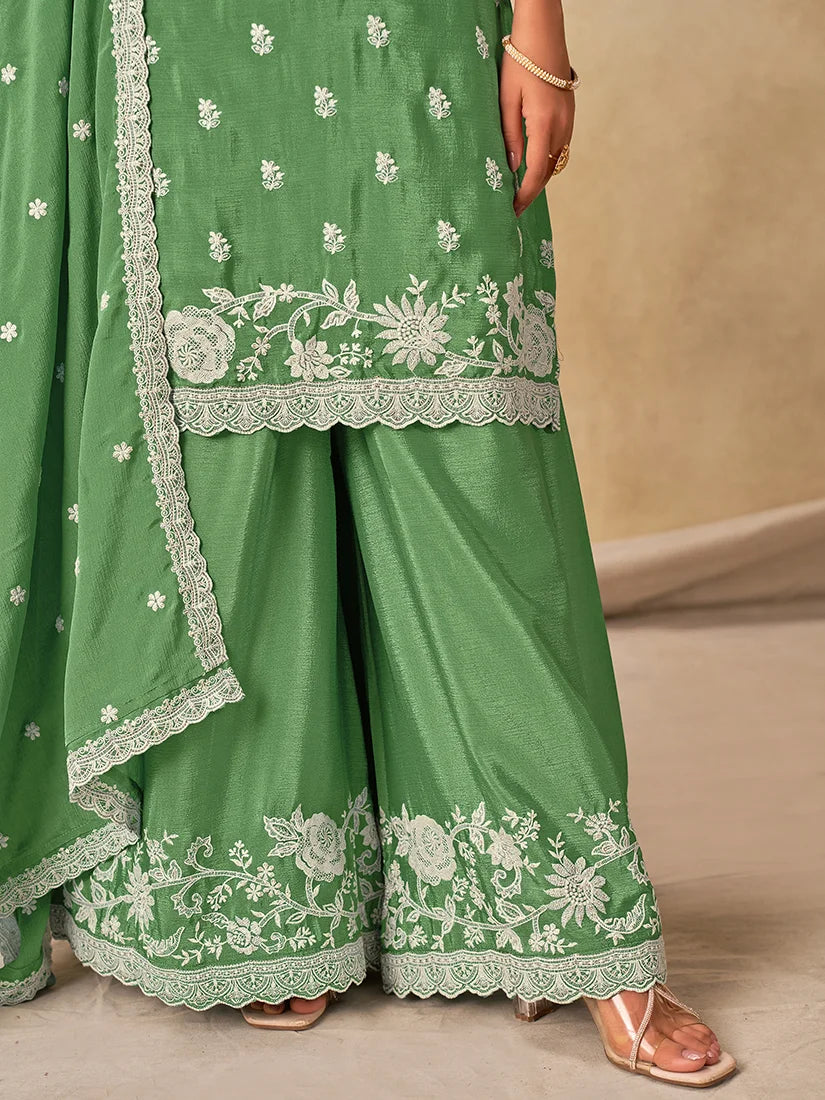 Green Chinon Palazzo Set with Floral Hem Embroidery, hem close-up