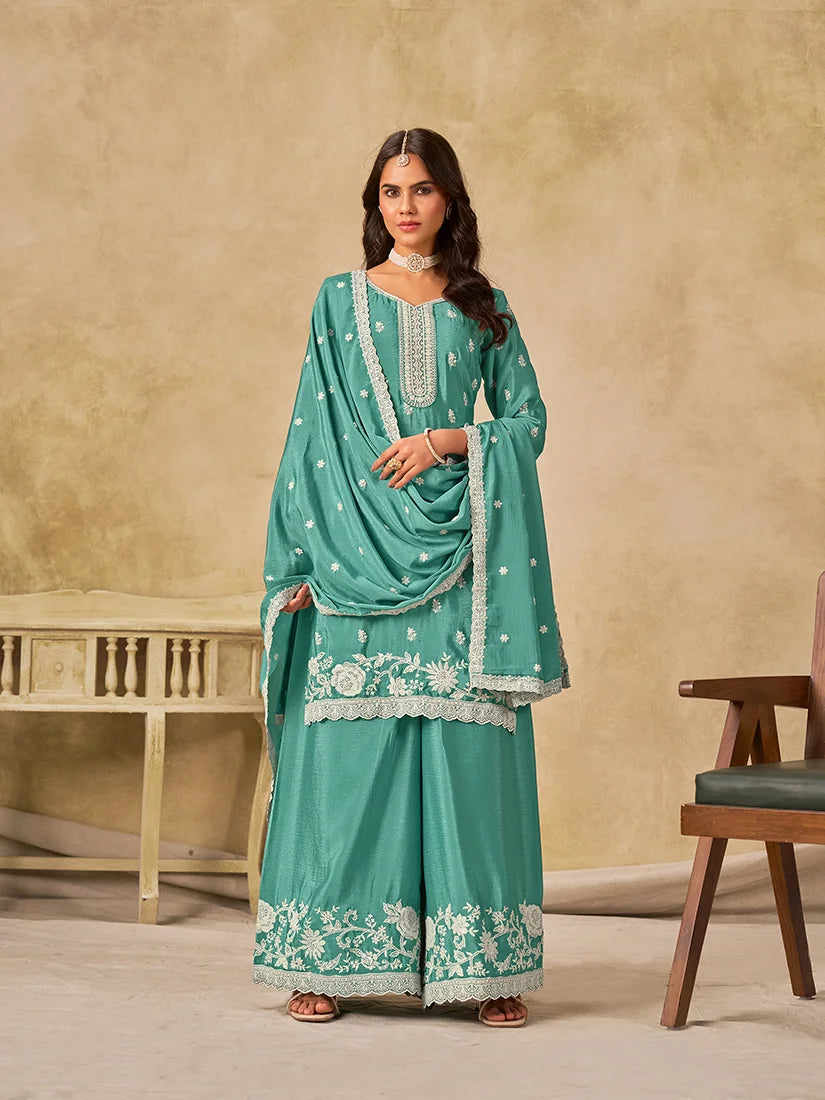 Turquoise Chinon Palazzo Set with Floral Hem Embroidery, front