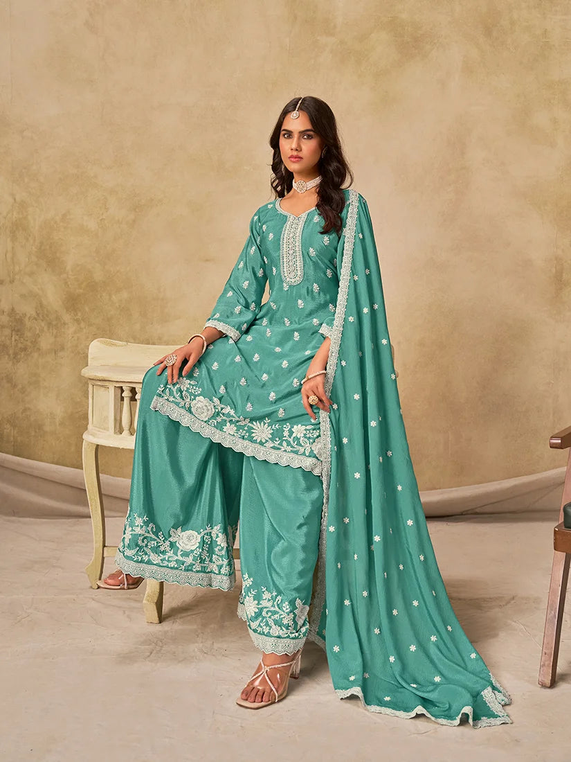 Turquoise Chinon Palazzo Set with Floral Hem Embroidery, side