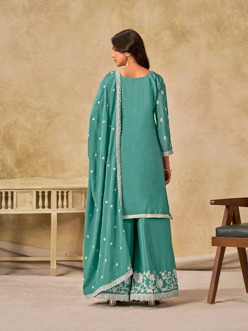 Turquoise Chinon Palazzo Set with Floral Hem Embroidery, back