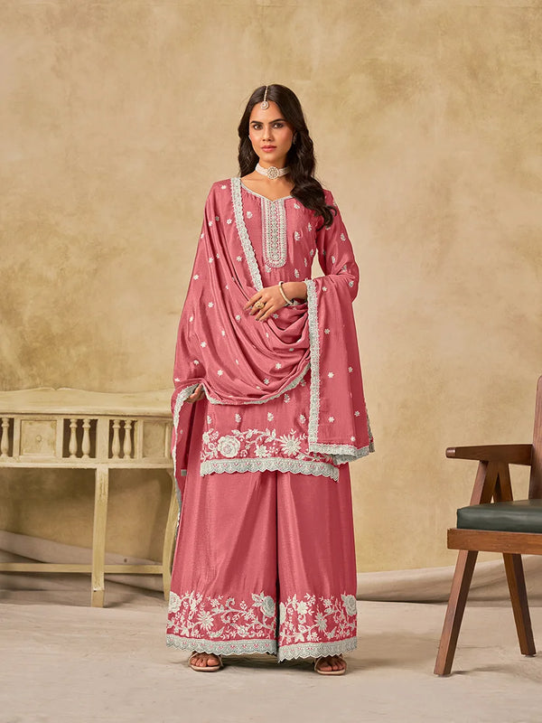 Pink Chinon Palazzo Set with Floral Hem Embroidery, front
