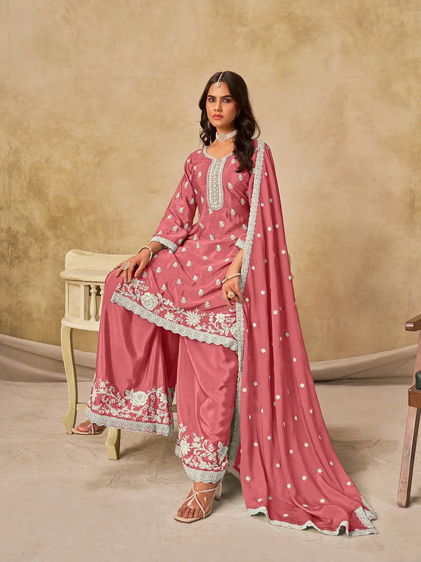 Pink Chinon Palazzo Set with Floral Hem Embroidery, side