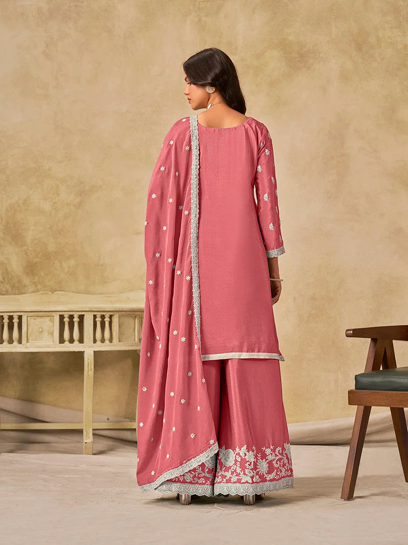 Pink Chinon Palazzo Set with Floral Hem Embroidery, back