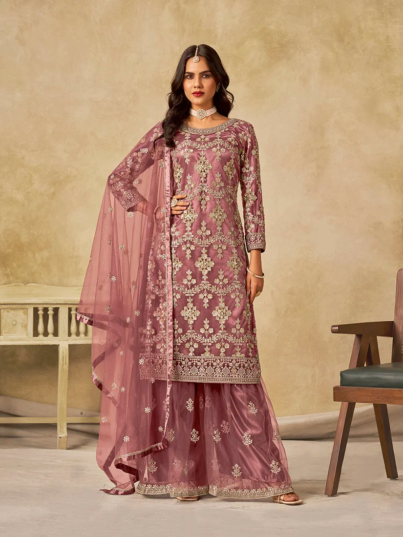 Onion Pink Net Palazzo Set with Sequin Embroidery, front