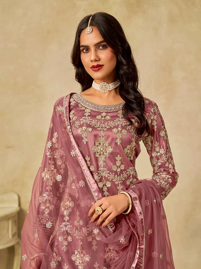 Onion Pink Net Palazzo Set with Sequin Embroidery, neckline close-up