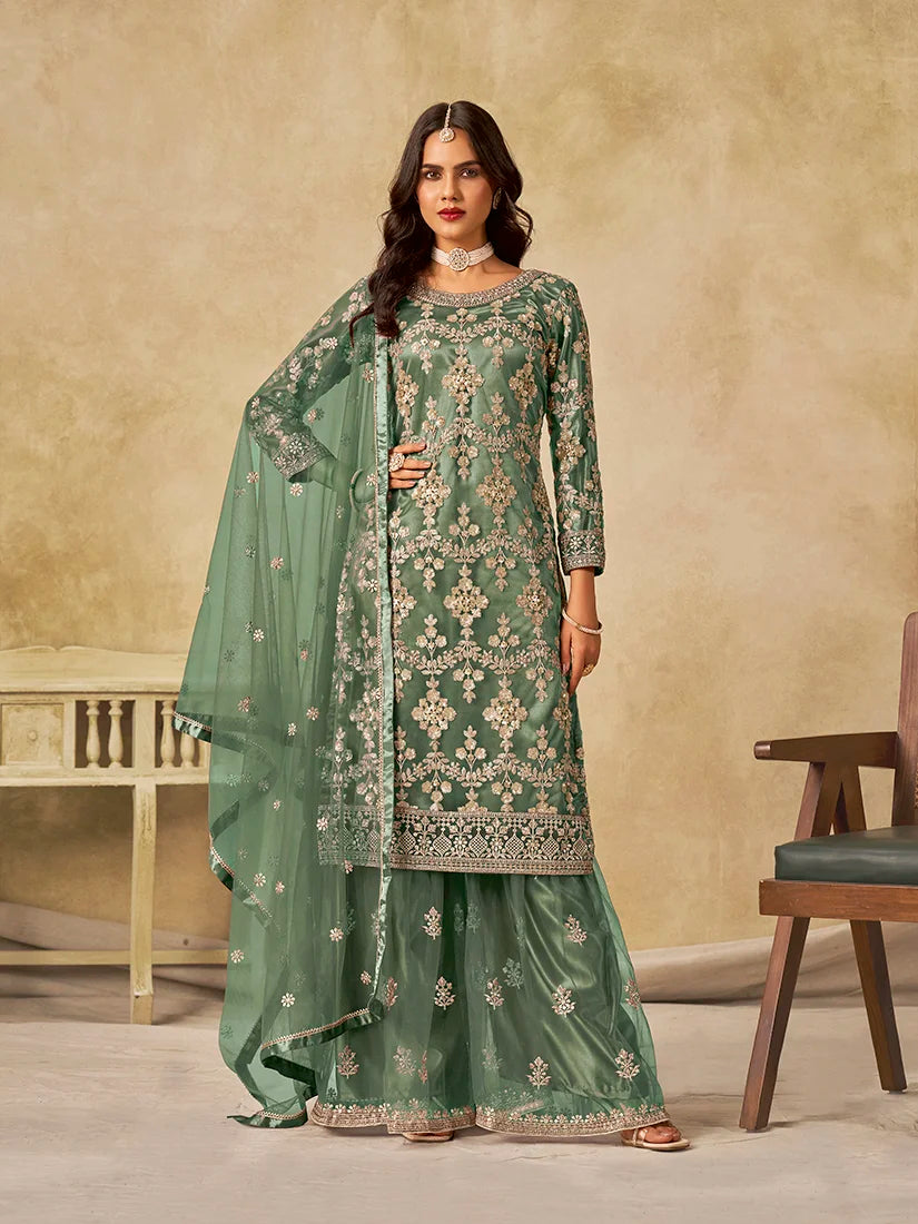 Sea Green Net Palazzo Set with Sequin Embroidery, front